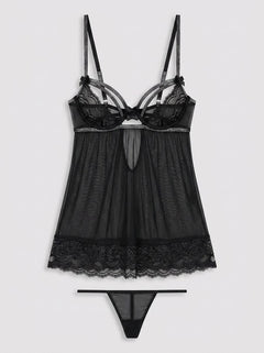 Seven Til Midnight Glitterati sparkly babydoll and thong set featuring shimmering fabric and delicate lace details for a glamorous look.