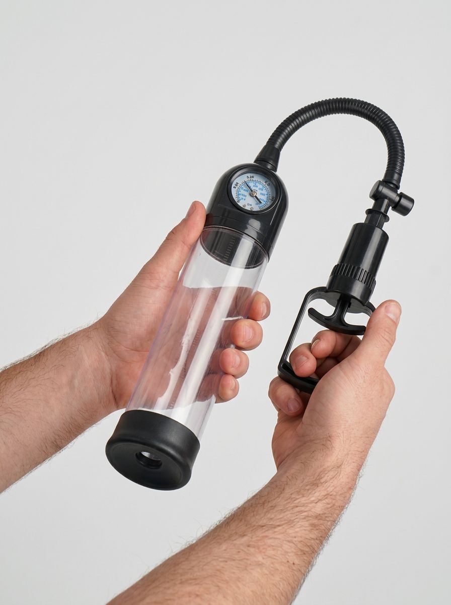 Me You Us Gauge Penis Pump – Suction Pump for Enhanced Size, Stamina, and Confidence, shown held in both hands with clear chamber, pressure gauge and manual pump handle
