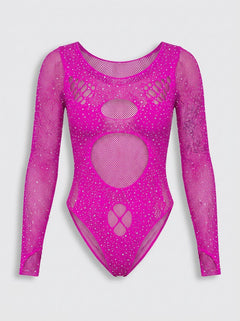 Full view of the Exposed Pink Rhinestone Long Sleeve Cut Out Fishnet Teddy in a stunning display, embodying playful yet sophisticated lingerie wear for confident individuals.