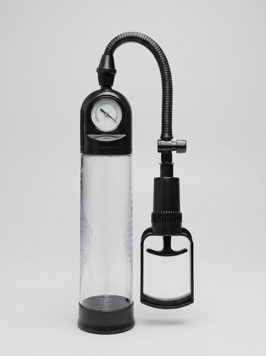 Me You Us penis pump with clear cylinder and pump handle, designed to enhance size, stamina, and confidence.