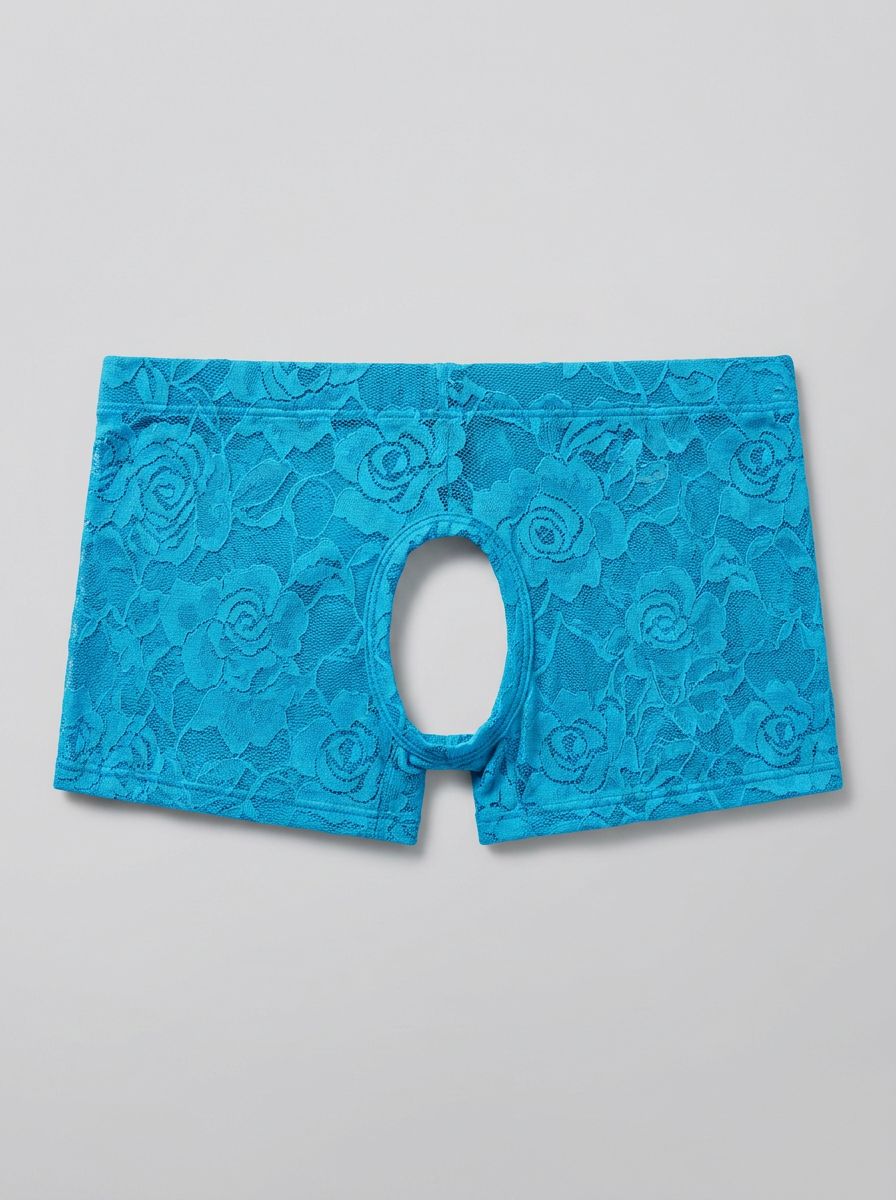 Men's Neon Lace Crotchless and Backless Mini Short trunks by Malepower, featuring vibrant neon lace and revealing open design.