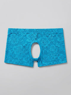 Neon Lace Crotchless And Backless Mini Short for men in playful Pink, crafted from a soft nylon-spandex blend for an eye-catching, body-hugging fit perfect for special occasions.