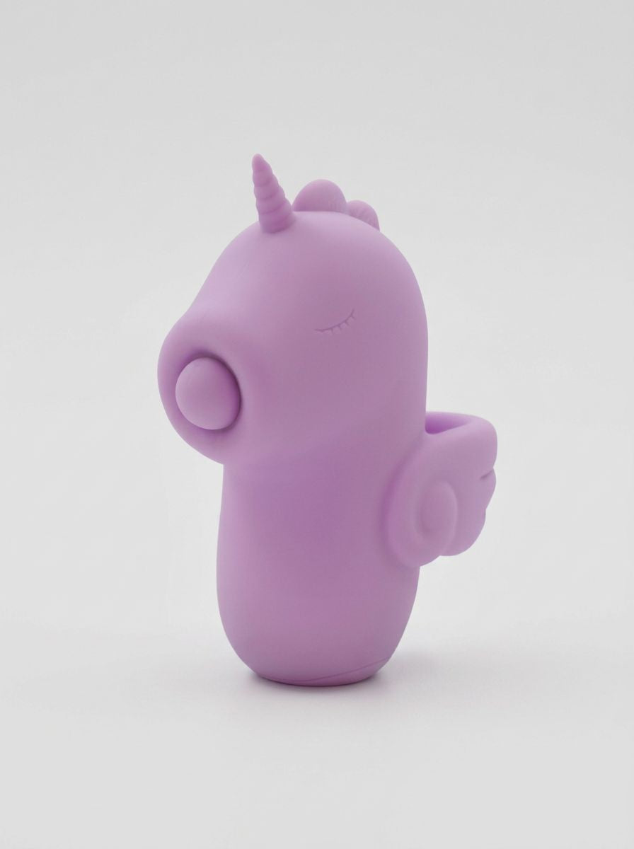 Unihorn Karmic Kisses finger vibrator with pulsating stimulator and 10 pleasure settings, shown in close-up on a plain background.