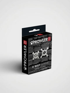 Prowler RED 4-way screw adjustable metal nipple clamps with textured grips and chain attachment for BDSM play.