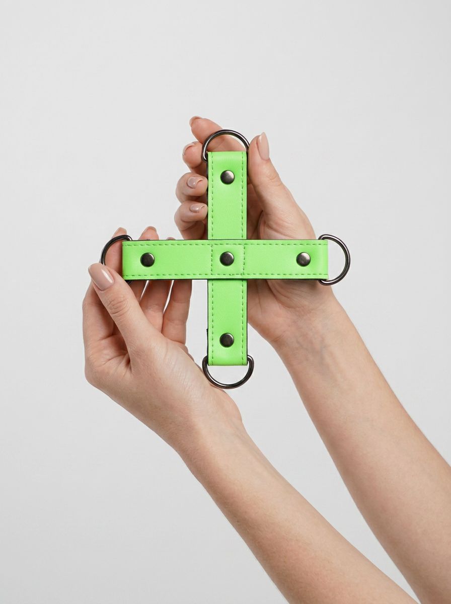 Luxury Ouch! Glow in the Dark hogtie accessory designed for BDSM play, featuring fluorescent green detailing that adds excitement in low light.