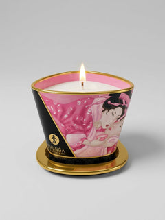 Shunga Sensual Soy Wax Erotic Massage Oil Candle 170ml pink massage candle burning on its gold base