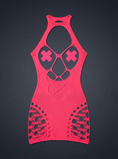 Flat lay of the Fantasy Lingerie Neon Pink Aphrodisiac UV Reactive Open Cup Halter Dress, showcasing its intricate design and vibrant colour.