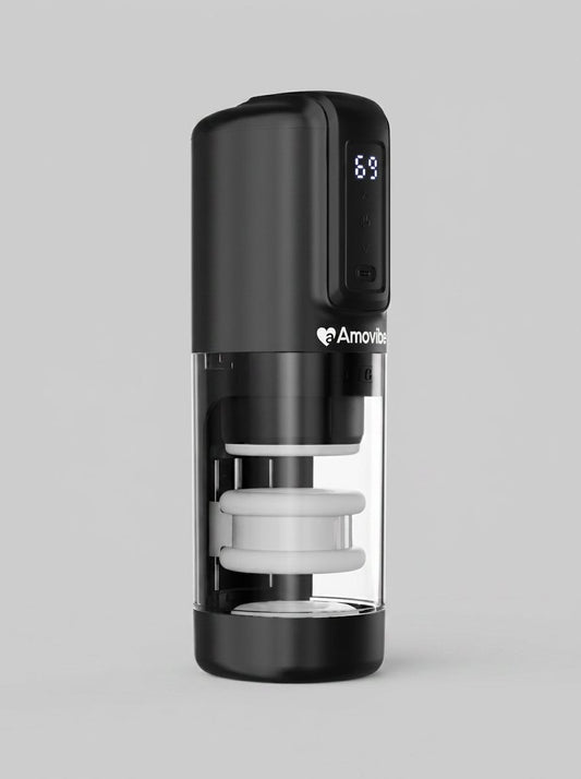 Amovibe Porsha Automatic Masturbator featuring cutting-edge technology for a premium experience, showcasing its sleek design and dynamic friction rub action.