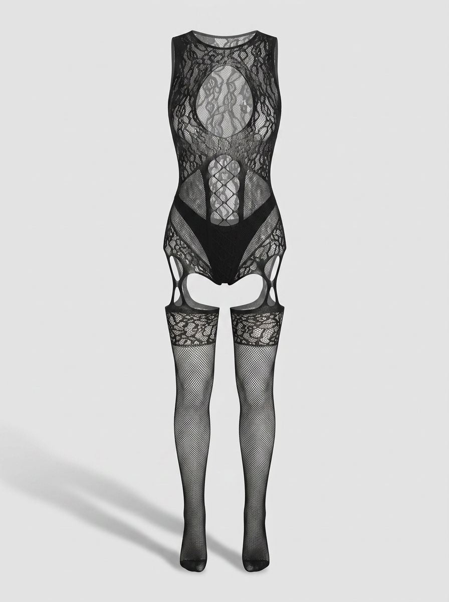 Black Lace by LJ Cut Out Lace Suspender Bodystocking, sheer and intricate design, showcasing delicate lace details and suspender style.