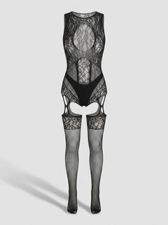 Elegant display of the Lace by LJ Cut Out Lace Suspender Bodystocking Black, showcasing its eye-catching open front and suspender-style look.