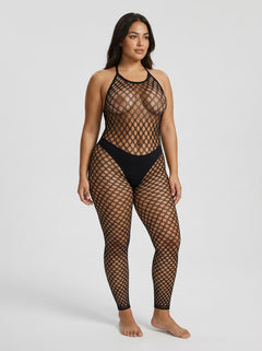 Lace by LJ Plus Size Footless Crochet Bodystocking in classic black, luxurious curve-enhancing lingerie with a sheer footless bodystocking finish
