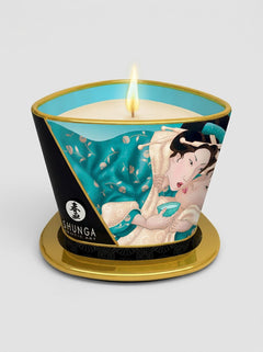 Shunga Sensual Soy Wax Erotic Massage Oil Candle 170ml turquoise massage candle burning with luxury Shunga packaging