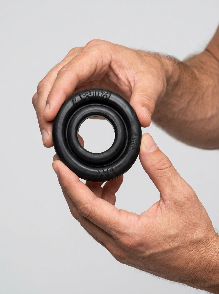 OxBalls Rimz single stretchy thick smooth cock ring resting on a white background, showcasing its flexible and durable design.