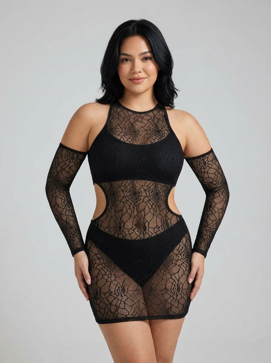 Black mesh long sleeve chemise dress with cold shoulder design, stylish and elegant, by Glitter in the babydolls and chemises category.