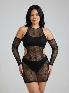 Black mesh long sleeve chemise dress with cold shoulder design, stylish and elegant, by Glitter in the babydolls and chemises category.