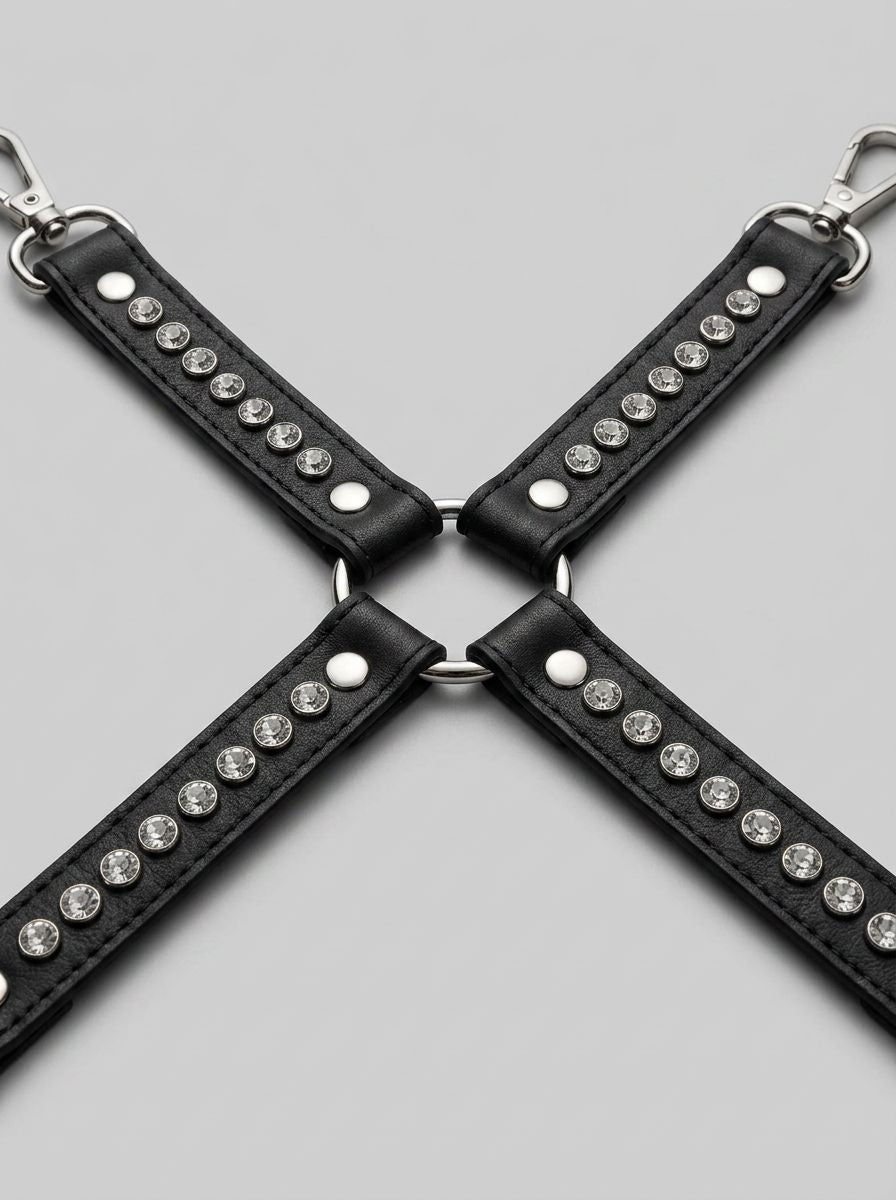 Ouch! Diamond hogtie connector with studs, made of faux leather, designed for restraints and bondage play.