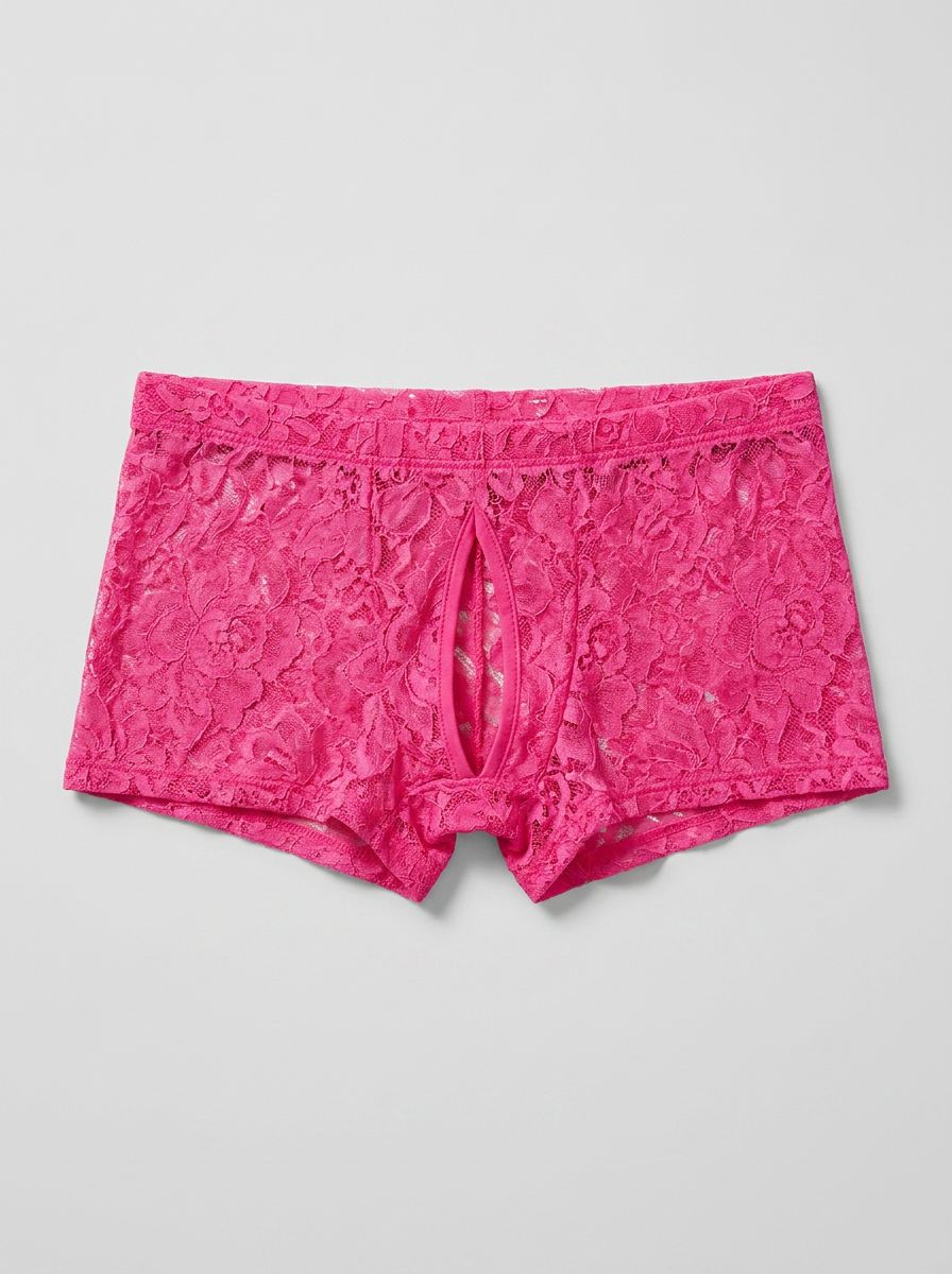 Men's Double Pleasure open front lace boxer briefs by Male Power in white, turquoise, or pink with lace detailing.