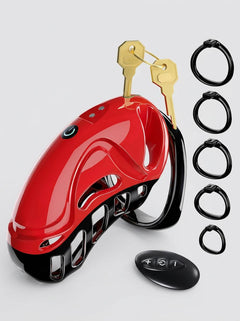 Vibrating Remote Control Plastic Chastity Cock Cage with five adjustment rings, remote control and keys