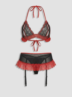 Baci Lingerie Peek-a-Boo Sexy Nurse lace lingerie set with revealing design, featuring white lace and red accents, on a mannequin.
