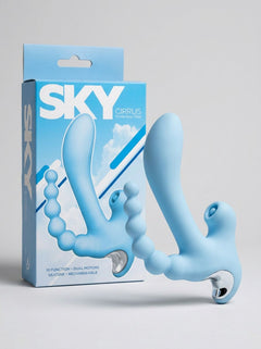 Stylish profile of the Sky Cirrus Three Way Vibrator, perfect for luxury seekers looking for a high-performance 3 in 1 pleasure device.