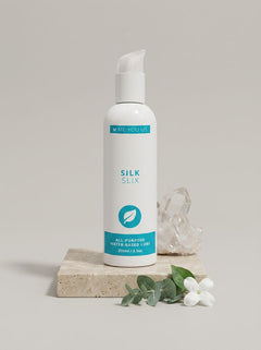 Me You Us Silk Slix Water Based Lubricant Pump Bottle White 250ml elegantly displayed, highlighting its luxurious design and practical pump mechanism.