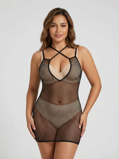 Model wearing the Pink Lipstick Spellbinding Fishnet Dress in Black, demonstrating its versatility as an exquisite fishnet dress for club wear or boudoir moments, embodying sensual elegance and comfort.