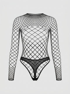 Model wearing Lace by LJ Fence Net Long Sleeved Thong Bodysuit Black, epitomising confidence and style. A stunning example of how a fence net bodysuit transforms the silhouette.