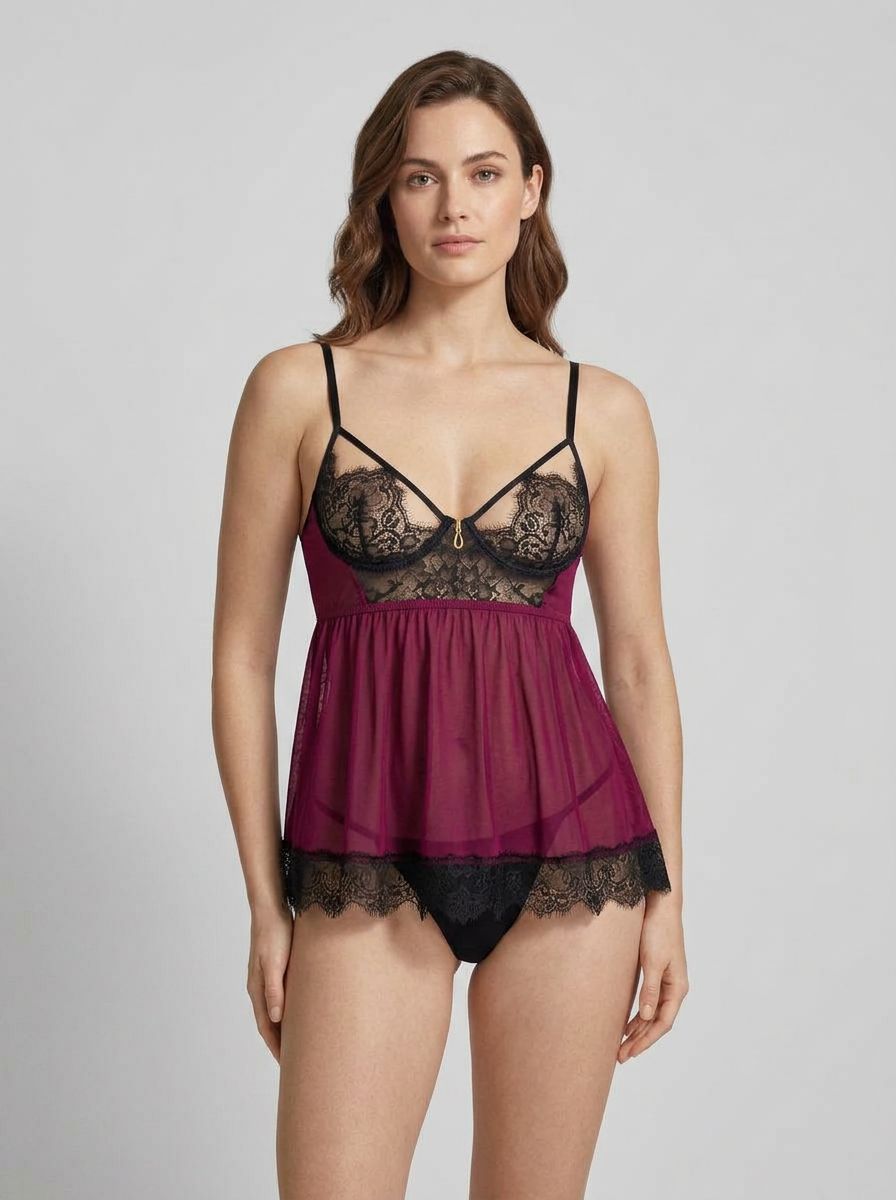 Seven Til Midnight wine-colored eyelash lace and mesh babydoll and thong set displayed on a model.