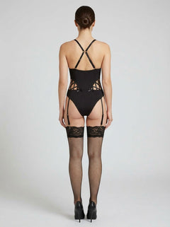 Chic Seven Til Midnight Microfibre Cut Out Garter Teddy in black, perfect for sensual nights and sophisticated lingerie styling.