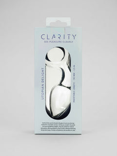 Clarity Utopian Delight 3.5 Inch Glass Butt Plug in front-facing branded packaging, showing the clear glass shape and 3.5 inch size