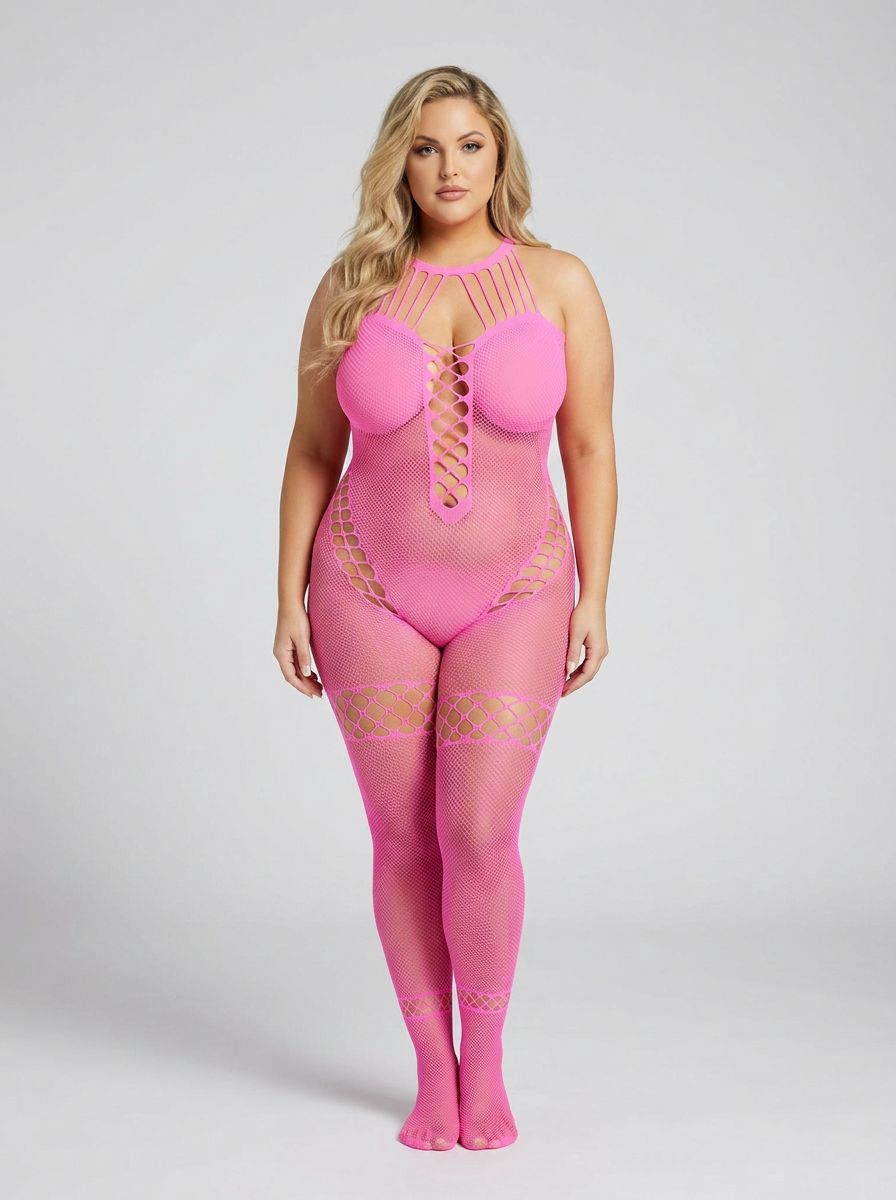 Model wearing a pink bodysuit with mesh details on a white background