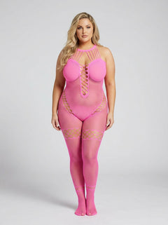 Model wearing a pink bodysuit with mesh details on a white background