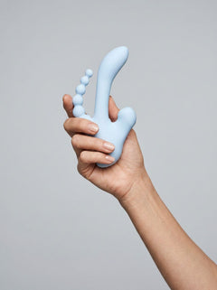 Elegant image of the Sky Cirrus Three Way Vibrator, featuring a luxurious design for 3 in 1 stimulation with dual motors for G-spot, anal bead, and clitoral pleasure.