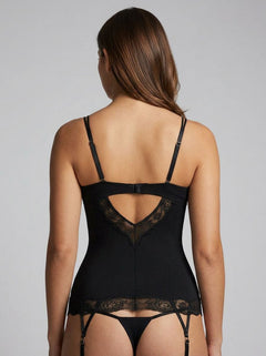 Close up of the Rene Rofe Rough Romance Black Lace Chemise Thong Set, showcasing its soft stretch fabric and sheer lace for a romantic and luxurious bedroom look.