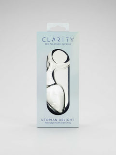 Clarity Utopian Delight 3.5 Inch Glass Butt Plug in its elegant branded retail packaging, front view
