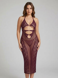 Chic Dreamgirl Cherry Bodystocking Seamless Gown & Shrug Set displayed elegantly, emphasising its body-hugging stretch fabric and removable shrug.