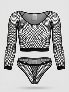 Lace by LJ Fence Net Crop Top and Bottoms Fishnet Set showcased in luxurious black, highlighting the sleek design of the fence net set.