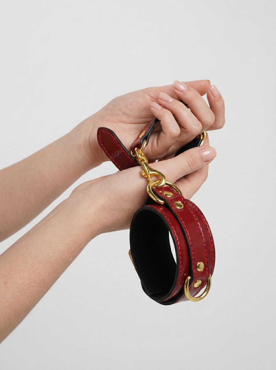 Bound to Please Red Wrist Cuffs for Beginners - Glossy Red Restraints with Soft Faux-Suede Lining