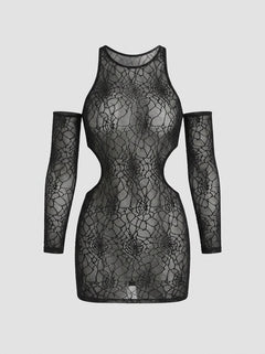 Black mesh long sleeve chemise dress with cold shoulder design by Glitter, perfect for elegant babydolls and chemises.