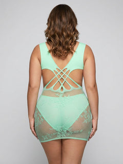 Chic back look of the Fantasy Lingerie Yours Truly Seaglass Green Floral Knit Strappy Crossover Dress, accentuating the unique strappy design of the green strappy dress.