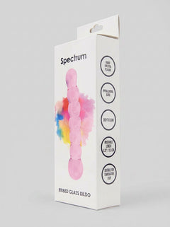 Artistic view of the Spectrum Ribbed Glass Dildo highlighting its exquisite ribbed texture for anal and vaginal use.