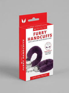 Me You Us Fluffy Quick Release Handcuffs - chic purple fluffy cuffs alongside the packaging, designed for sophisticated and pleasurable experiences.