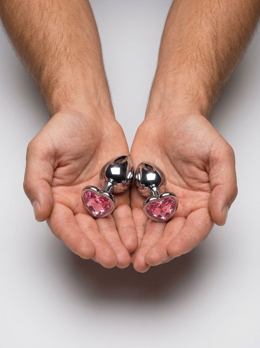 B Vibe heart-shaped jewel metal butt plug training set with multiple sizes, featuring a shiny, heart design for anal pleasure.