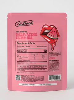 GoodHead Salivating Flavoured Oral Play Dry Mouth Gummies 3-Pack Watermelon pouch back showing supplement facts and product information