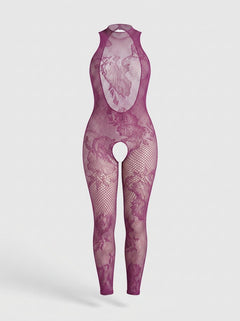 Chic Fantasy Lingerie Magenta Endless Embrace Crotchless Floral Open Back Bodystocking, an exquisite addition to any lingerie collection, featuring a flattering stretch fit.