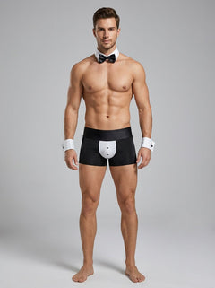 Male Power Butt-Ler Men's Sexy Butler Costume Set showcasing the chic and playful design of this sexy butler costume, featuring fitted shorts and a bow tie collar.