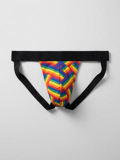 Showcase of Male Power Printed Jock revealing the alluring open-back design and comfortable elastic leg bands, highlighted with a vivid Rainbow Pride Flag Print, representing luxury in rainbow jock fashion.