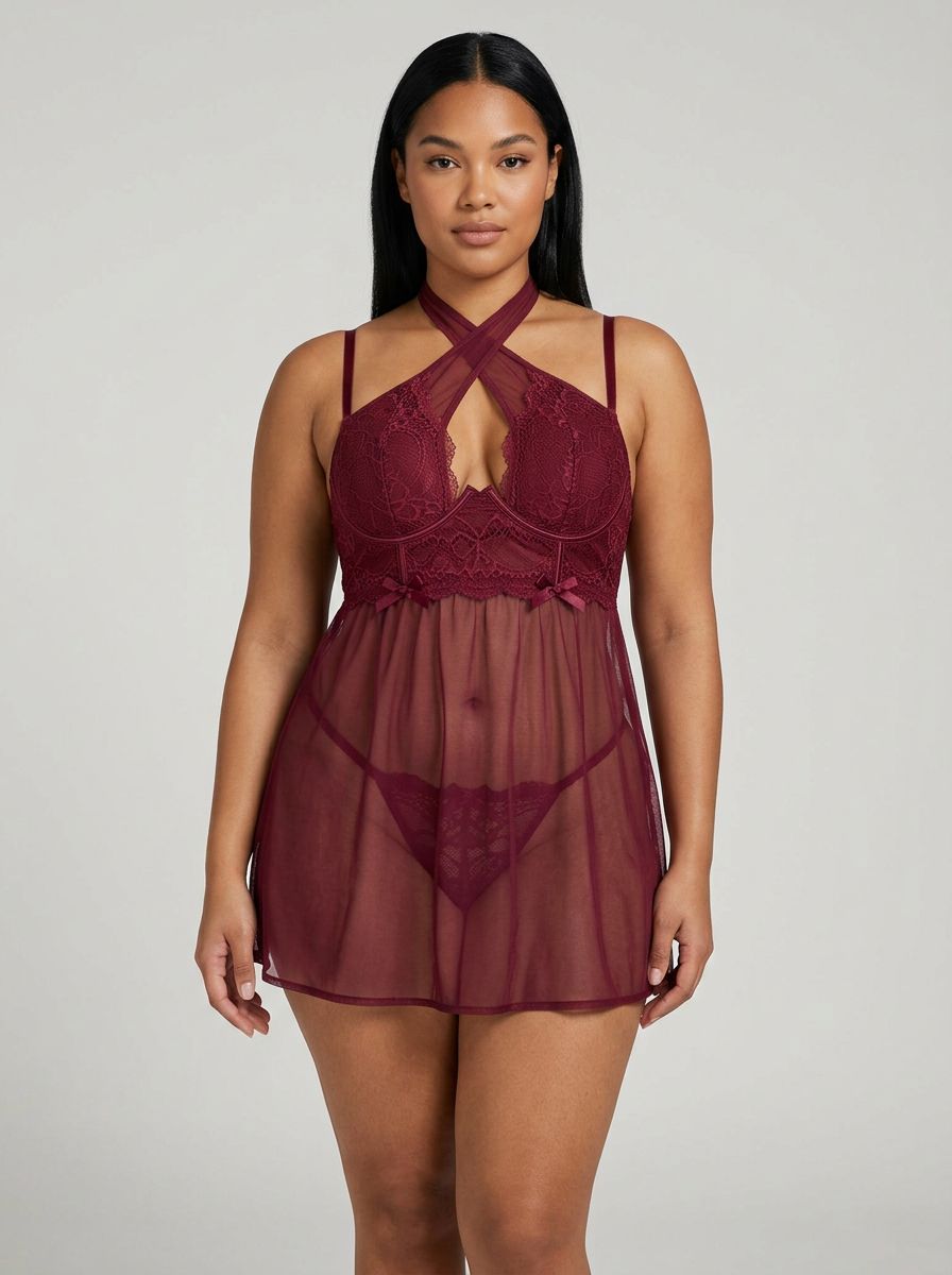 Elegant Seven Til Midnight 2 Piece Lace & Mesh Halter Babydoll And Panty Set featuring soft lace & mesh babydoll design for a luxurious look.