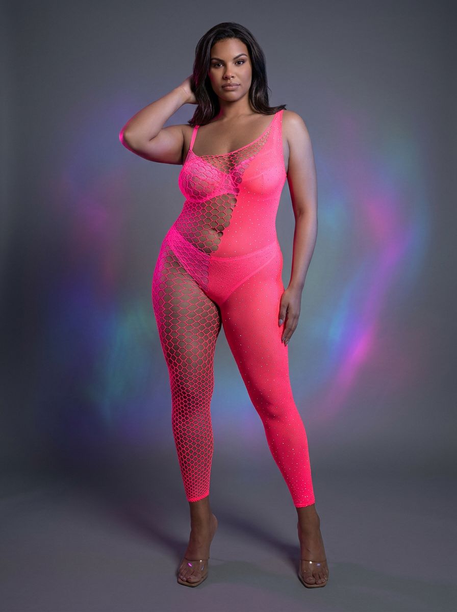 Glow Hyperdrive UV reactive rhinestone bodystocking by Fantasy Lingerie, featuring shimmering rhinestones and a form-fitting design.