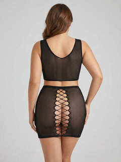 Rene Rofe Back Story Sheer Skirt & Top Set, sophisticated sheer lingerie set featuring a bold lace-up design and matching sheer skirt for confident layering.